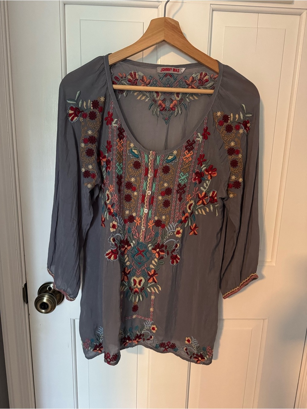 Johnny Was Slate Gray Embroidered Floral Tunic Sz XS